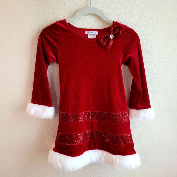 Bonnie Jean Dress Girls Sz 6 Christmas Red Faux Fur Holiday Sequin Sparkle - Picture 1 of 14